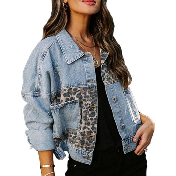 Women's Loose Button Down Cropped Denim Jacket Long Sleeves Cheetah Blue - Picture 3 of 6